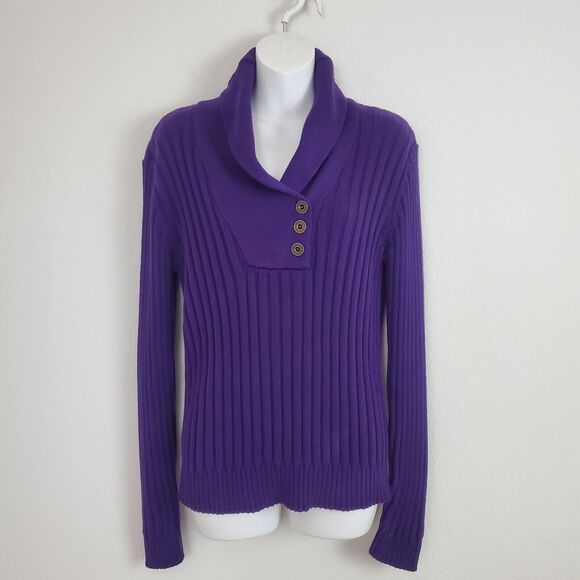 Lauren Jeans Co Women's Sweater Medium Purple Pullover Ribbed Knit Shawl Collar - Picture 1 of 8